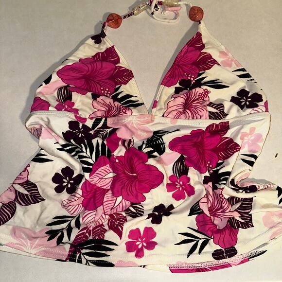 Y2k pink hibiscus floral halter swim top - Picture 2 of 5